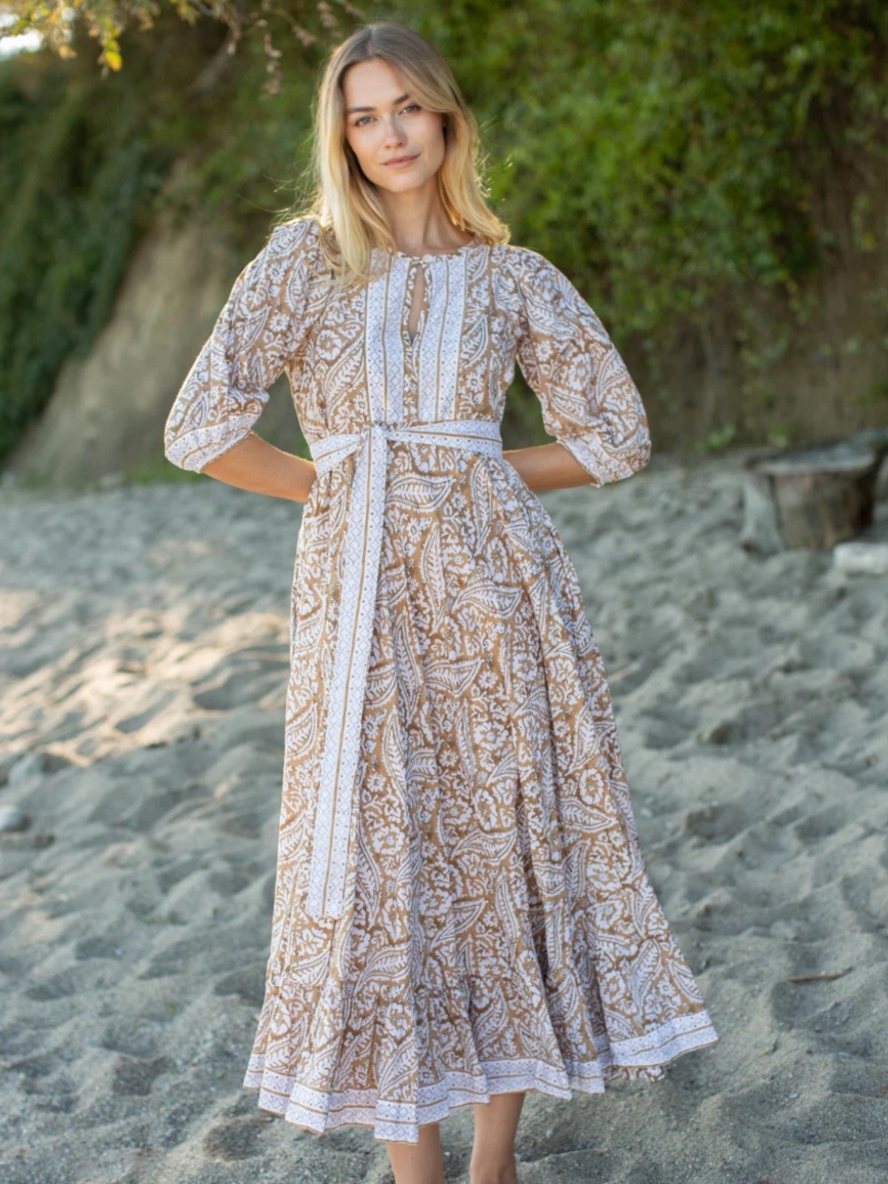 Marea House Bohemian Paisley Maxi Dress in Beige and White